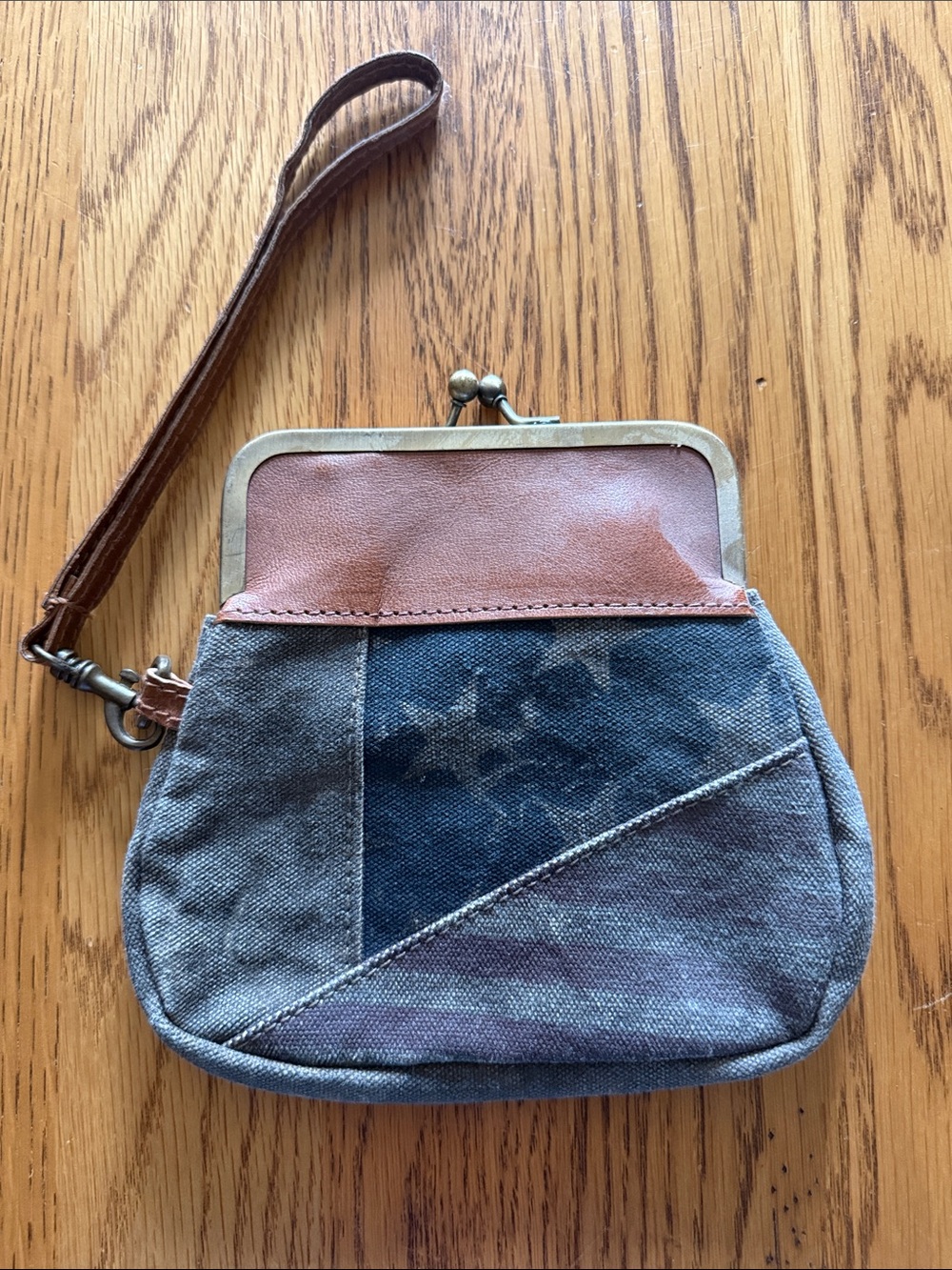 Denim Blue and Brown Leather-Trim Kiss-Lock Wristlet